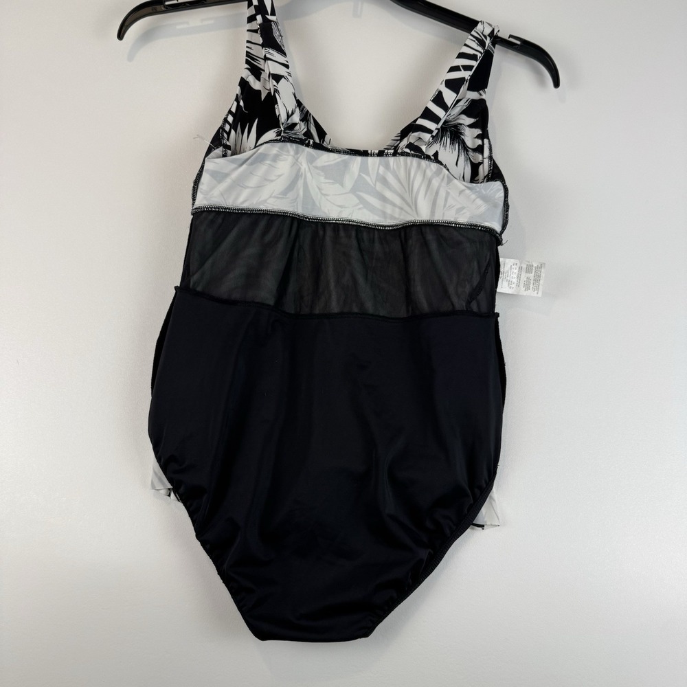Swim Solutions Triple Tier Fauxkini Swimsuit Black White Palm Leaf Size 10 NEW - Picture 11 of 13